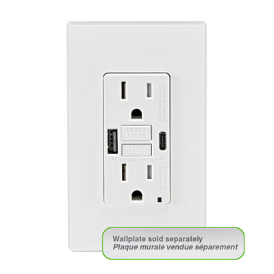 Leviton 15A GFCI Combination Receptacle Type A/C USB In-Wall Charger in White