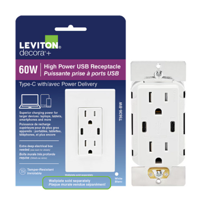 Leviton Decora USB Receptacle 60W (6A) Dual Type-C/C Power Delivery 15A in White