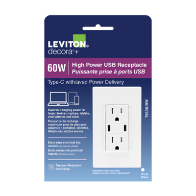 Leviton Decora USB Receptacle 60W (6A) Dual Type-C/C Power Delivery 15A in White