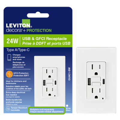 Leviton 15A GFCI Combination Receptacle Type A/C USB In-Wall Charger in White